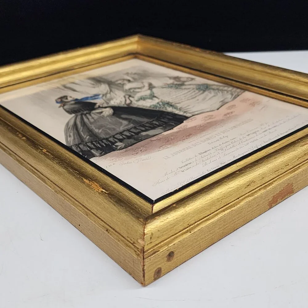 Antique Gilt Wood Picture Frame 1800's Paris Fashion Lithograph 8x10 Belge - Picture 11 of 12